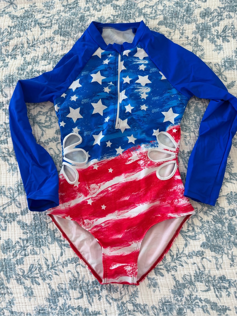Kids Long Sleeve Star & Stripe Rash Guard Swimsuit - Blue/Red